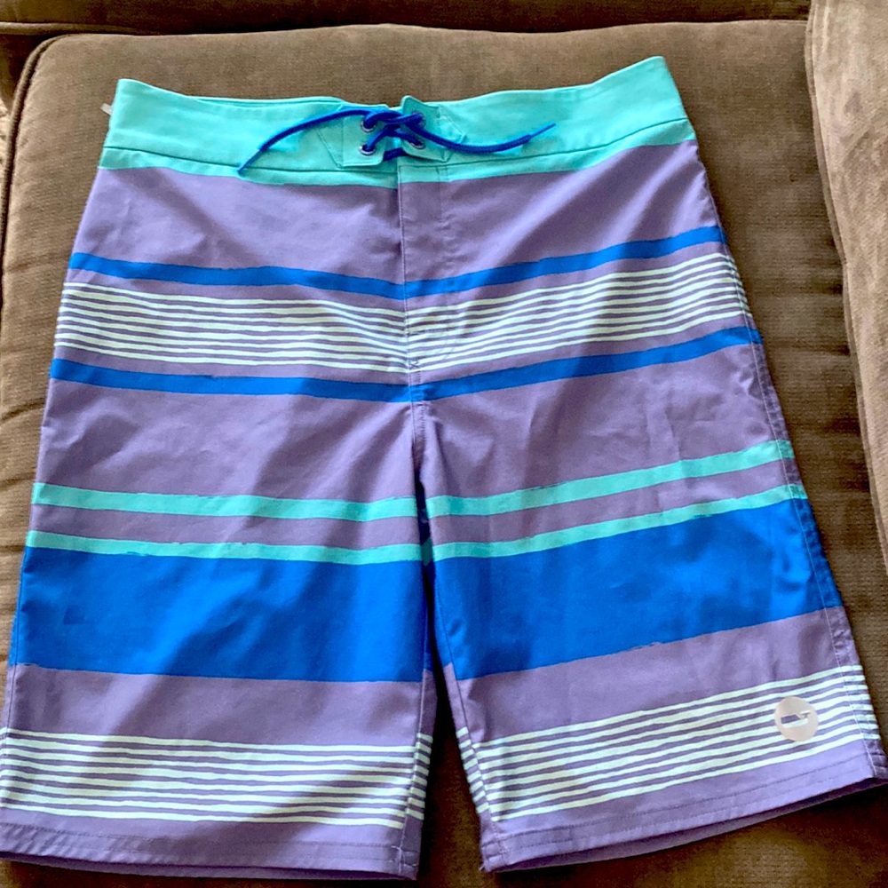 Vineyard Vines Boys Teal, Blue & Purple Striped Swim Trunks